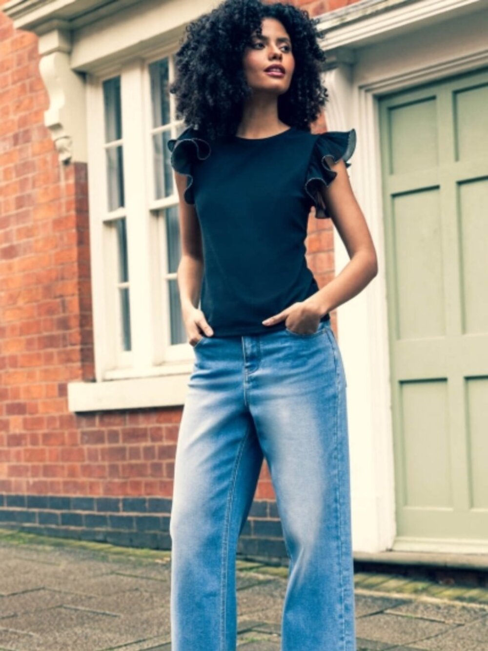 ZARA Ruffled Sleeve Black T Shirt M